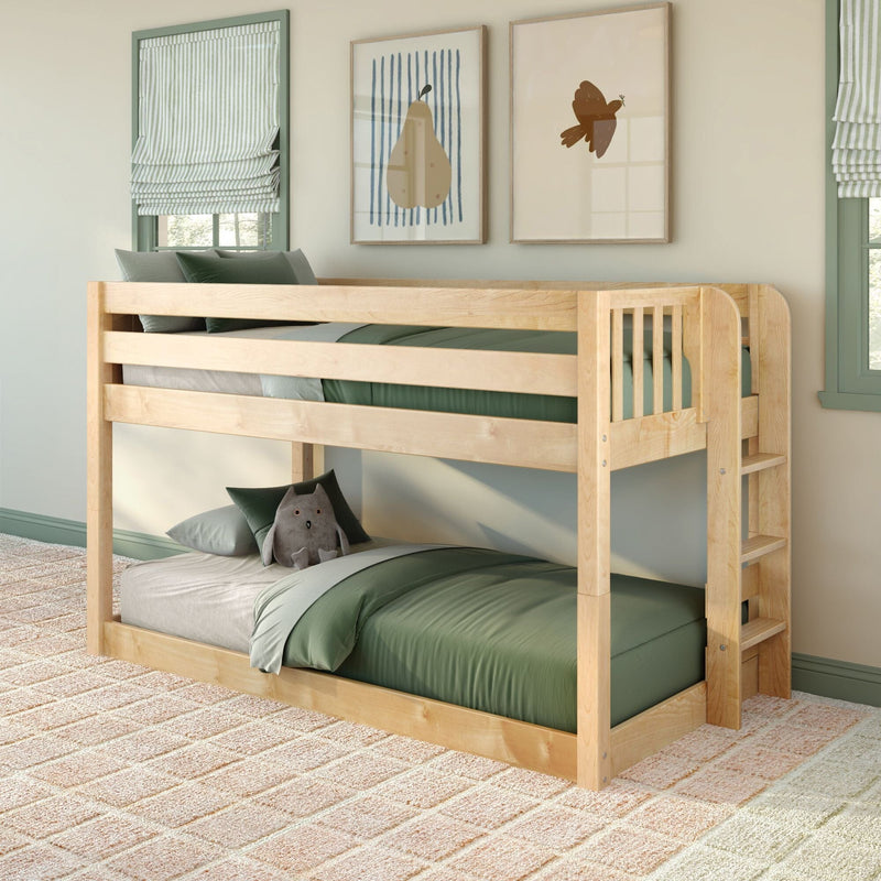 Natural wood bunk bed with green bedding and plush owl toy in a modern kids' bedroom featuring striped roman shades and framed pear and bird wall art