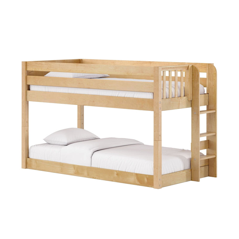 Natural maple solid wood twin-over-full bunk bed with built-in ladder, slatted guardrail and white bedding, space-saving kids' bedroom furniture