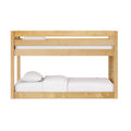 Solid natural wood bunk bed frame with slatted safety rail and white bedding for kids' bedroom