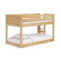 Twin-over-full solid maple bunk bed with ladder and safety guardrail, natural wood finish and white bedding on white background