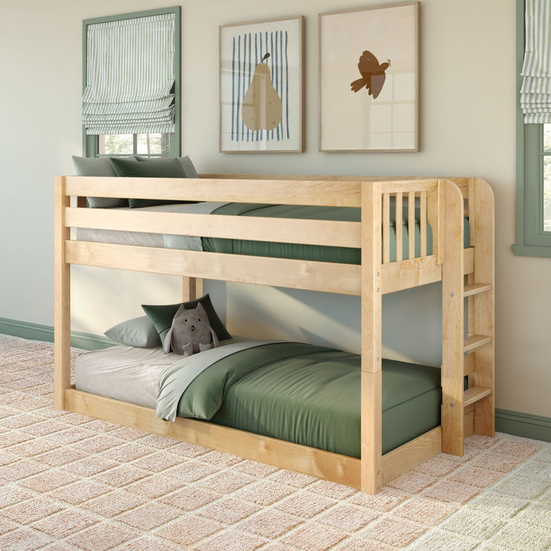 Natural wood bunk bed with green bedding, plush owl toy, striped roman shades and framed pear and bird art in a cozy kids' bedroom