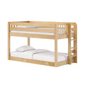 Light natural solid wood twin-over-full bunk bed with built-in ladder and guardrails, white bedding, space-saving kids' loft bed for small bedrooms