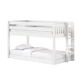 Modern white wooden bunk bed with integrated ladder, safety guardrails, and white bedding on top and bottom — minimalist children's bedroom furniture