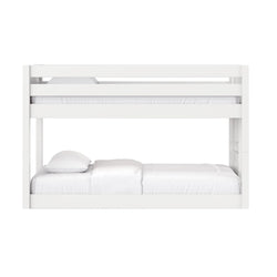 White wooden bunk bed with top guardrail, white mattress and pillows — modern twin-over-full kids’ loft bed ideal for small bedrooms