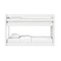 White wooden bunk bed with top guardrail, white mattress and pillows — modern twin-over-full kids’ loft bed ideal for small bedrooms