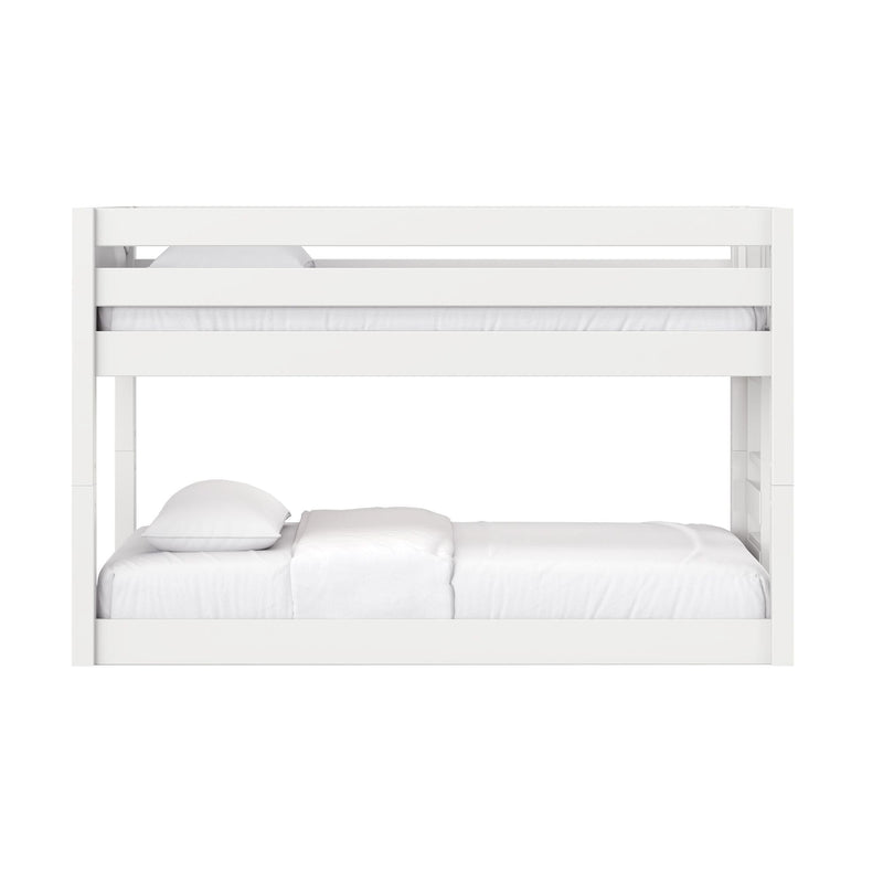 White wooden bunk bed with top guardrail, white mattress and pillows — modern twin-over-full kids’ loft bed ideal for small bedrooms