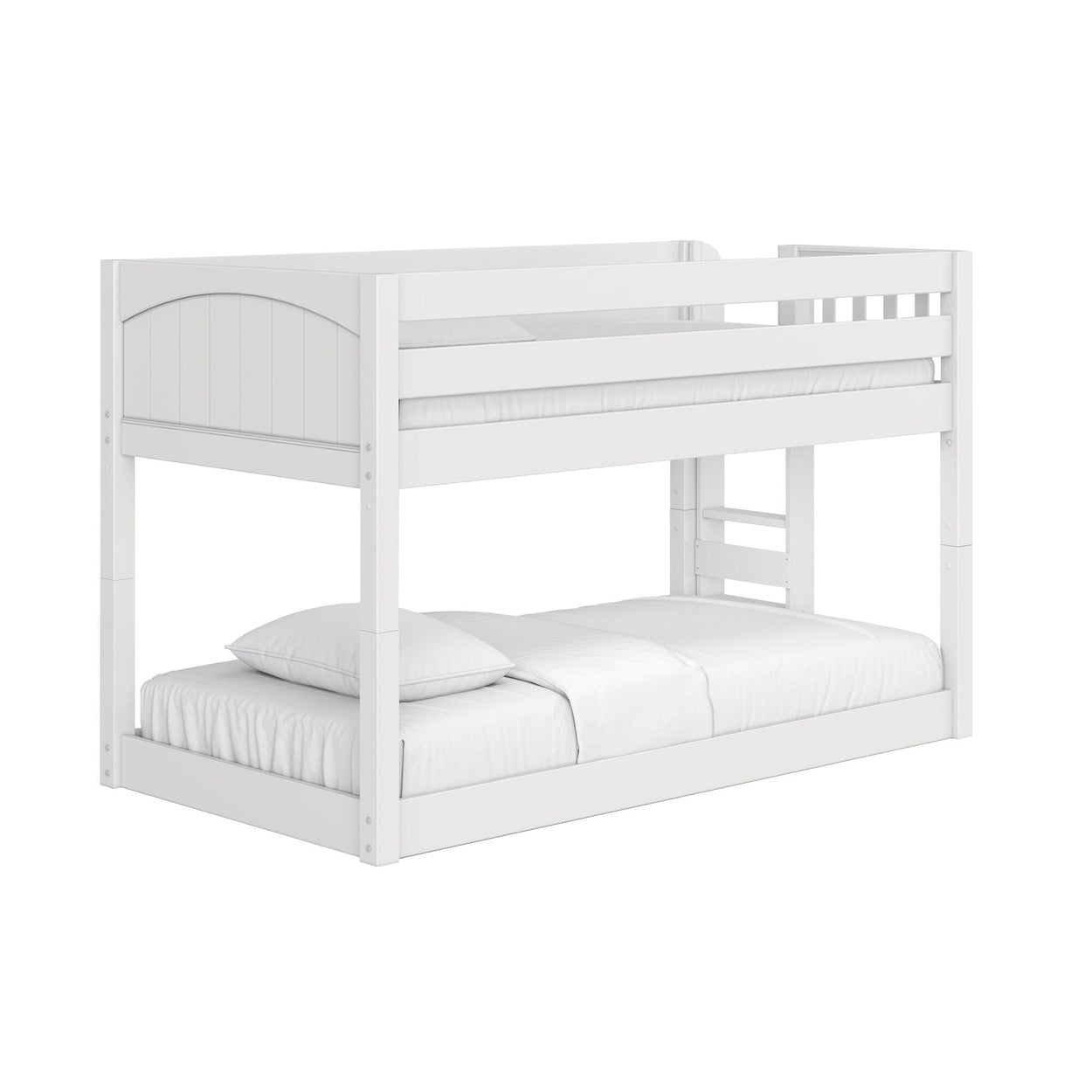 White wooden twin-over-full bunk bed with guardrails and ladder, modern kids loft bed with mattress and pillows — space-saving bedroom furniture