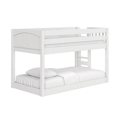 White wooden twin-over-full bunk bed with guardrails and ladder, modern kids loft bed with mattress and pillows — space-saving bedroom furniture