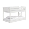White wooden twin-over-full bunk bed with guardrails and ladder, modern kids loft bed with mattress and pillows — space-saving bedroom furniture