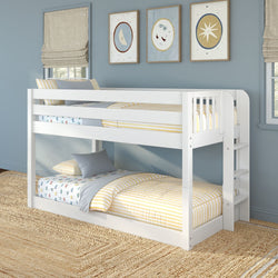 White twin-over-twin wooden bunk bed in kids' coastal bedroom with yellow-striped bedding, blue walls, ladder and moon-and-star wall art