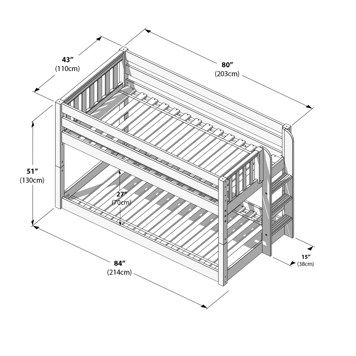 Isometric diagram of a wooden twin-over-twin bunk bed with ladder, guardrails and slatted mattress bases, annotated with key dimensions: 80" (203 cm) bed length, 84" (214 cm) overall length, 43" (110 cm) width, 51" (130 cm) height, 27" (70 cm) middle clearance and 15" (38 cm) ladder depth.