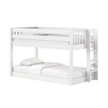 White wooden twin-over-full bunk bed with ladder and safety guardrail, modern kids loft bed styled with white mattress and pillows