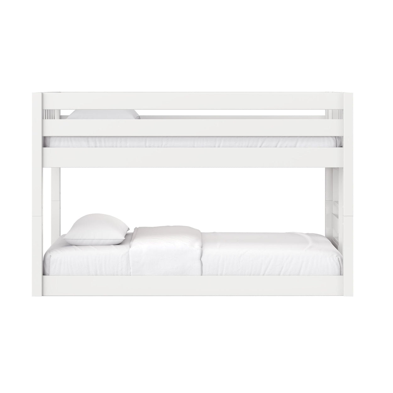 White wooden bunk bed with guardrails and ladder, white bedding in modern kids' bedroom