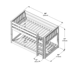 Wooden twin-over-twin bunk bed with built-in ladder and slatted mattress platforms, annotated dimensions 80" (203 cm) L × 43" (110 cm) D × 51" (130 cm) H