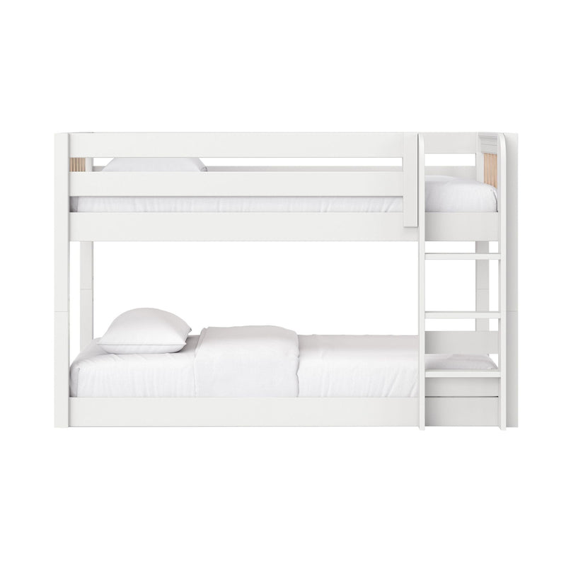 Modern white wooden twin-over-full bunk bed with ladder, natural wood accents and white bedding