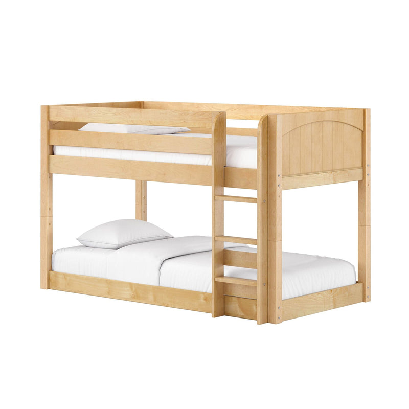 Solid wood two-tier bunk bed in natural maple finish with ladder and white bedding — space-saving kids loft bed