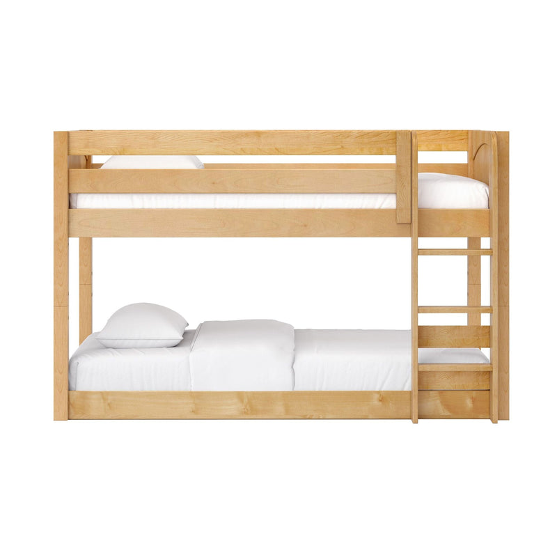 Solid natural wood bunk bed with built-in ladder and white bedding, space-saving design for kids' bedrooms and guest rooms.