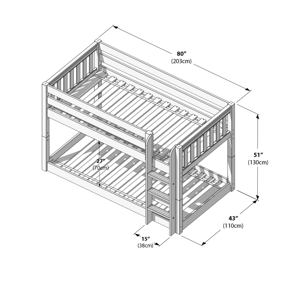 Wooden twin-over-twin bunk bed schematic with side ladder, guardrails and slatted mattress supports, dimensions 80 in x 43 in x 51 in (203 x 110 x 130 cm) and 27 in (70 cm) under-bed clearance