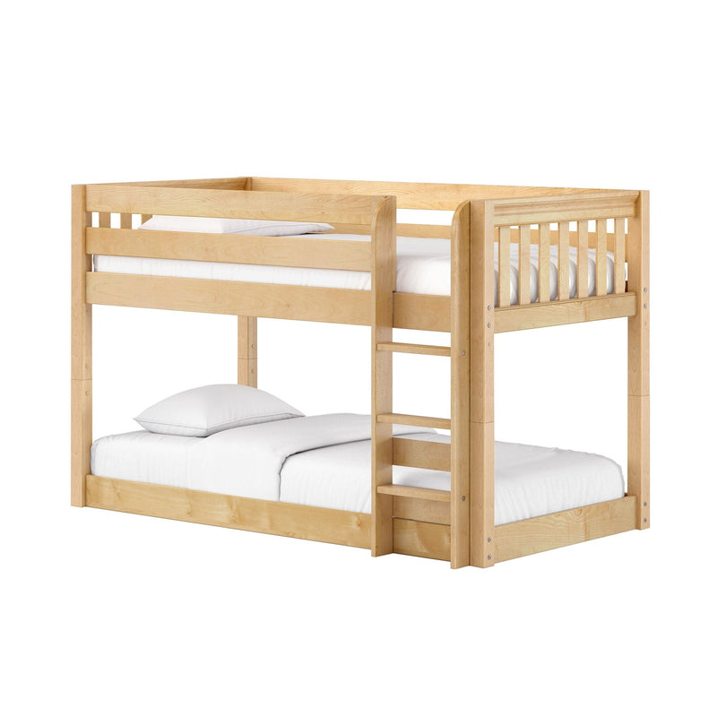 Solid natural wood twin-over-twin bunk bed with ladder and guardrail, white bedding, modern kids bedroom loft