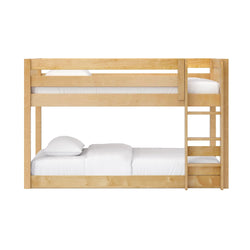 Solid wood bunk bed with natural light finish, built-in ladder and white bedding — two-tier space-saving bed for kids' bedrooms