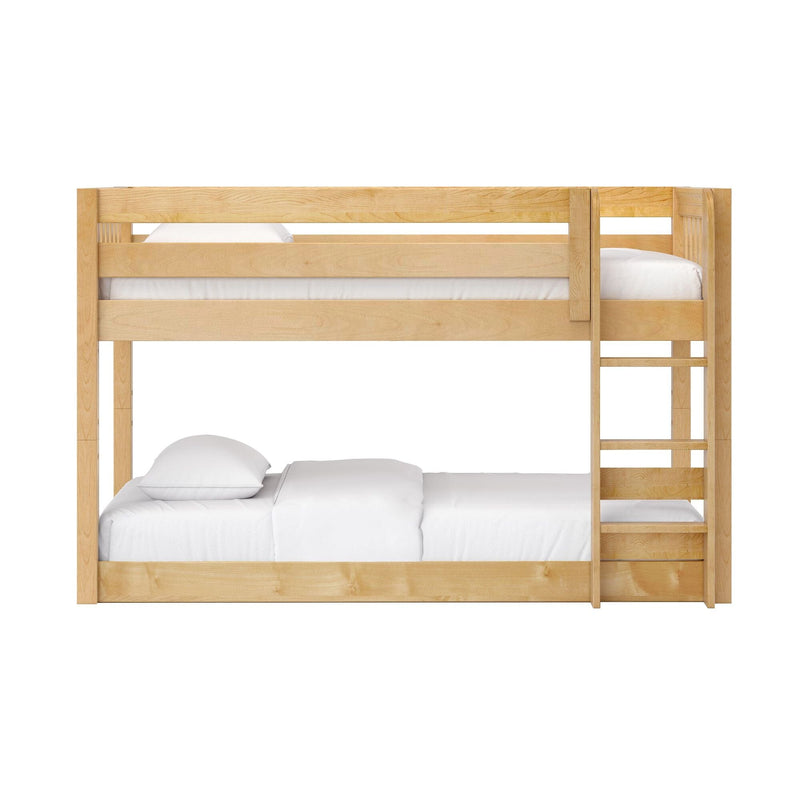 Solid wood bunk bed with natural light finish, built-in ladder and white bedding — two-tier space-saving bed for kids' bedrooms