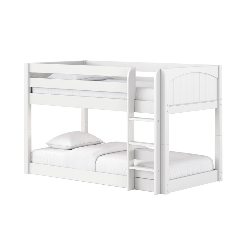 White wooden bunk bed with ladder and safety rails, modern loft-style kids bed with white bedding