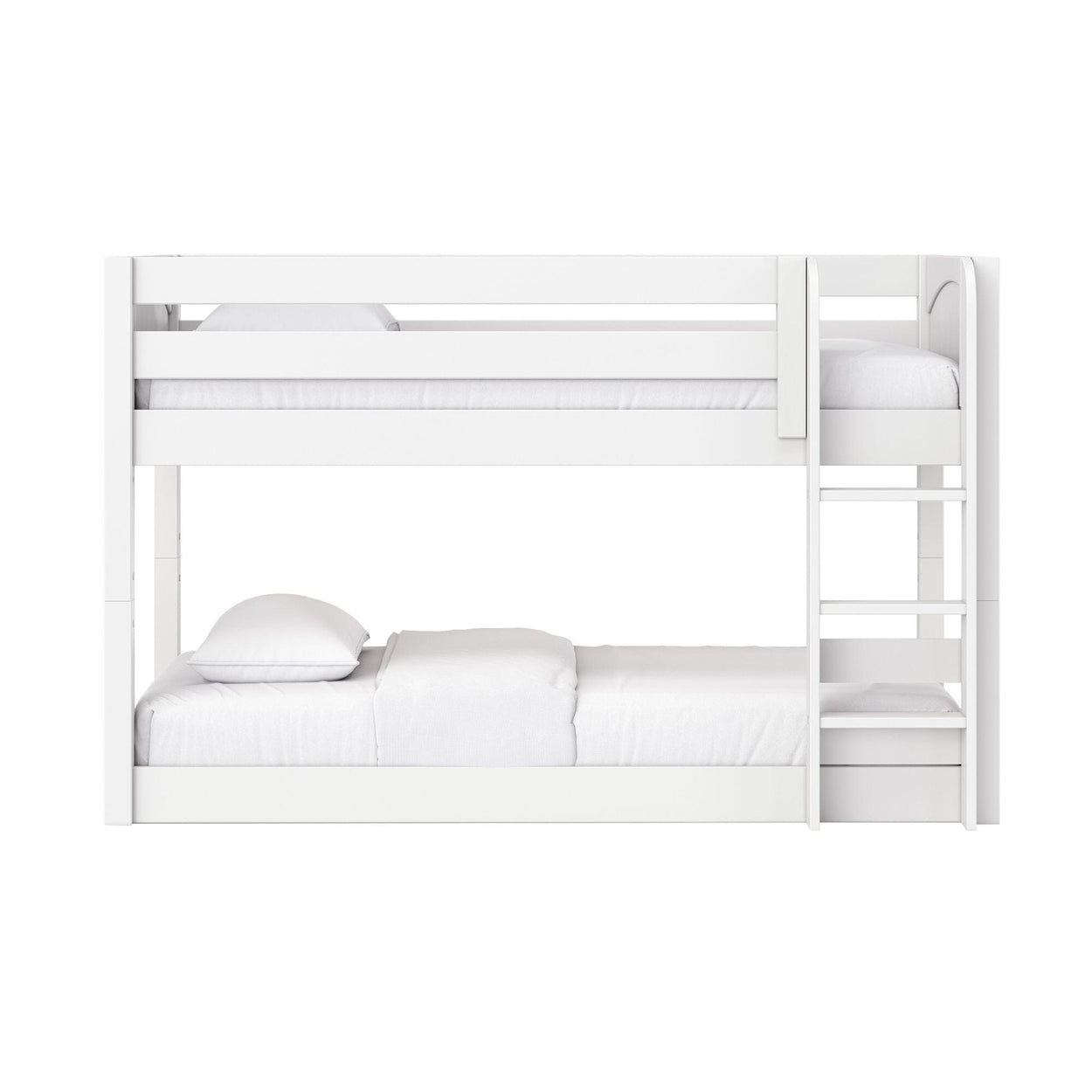 White wooden twin-over-full bunk bed with ladder, crisp white mattresses and pillows, modern minimalist kids' bedroom furniture