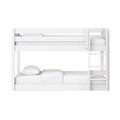 White wooden twin-over-full bunk bed with ladder, crisp white mattresses and pillows, modern minimalist kids' bedroom furniture