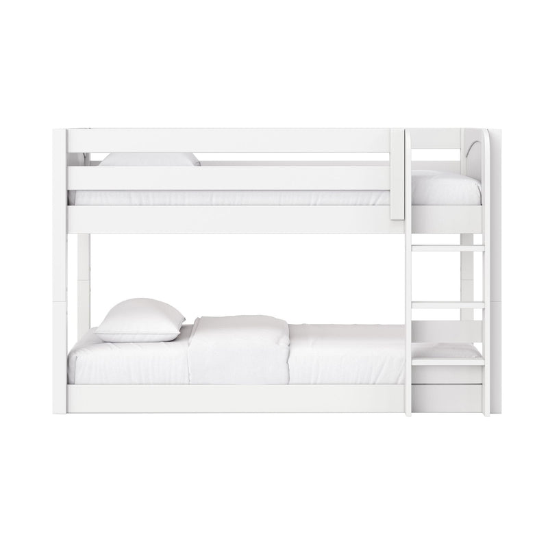 White wooden twin-over-full bunk bed with ladder, crisp white mattresses and pillows, modern minimalist kids' bedroom furniture