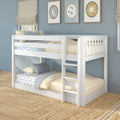 White wooden twin bunk bed in kids bedroom with yellow-striped bedding, car-print sheet, blue walls and framed nursery art