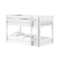 White wooden twin-over-full bunk bed with ladder and safety guardrails, white mattress and pillows, modern minimalist kids bedroom furniture