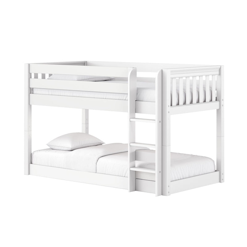 White wooden twin-over-full bunk bed with ladder and safety guardrails, white mattress and pillows, modern minimalist kids bedroom furniture