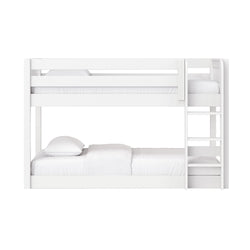 White wooden bunk bed with ladder and guardrails, minimalist modern kids' bedroom furniture with white mattresses and pillows