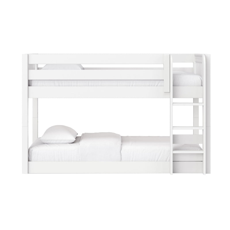 White wooden bunk bed with ladder and guardrails, minimalist modern kids' bedroom furniture with white mattresses and pillows