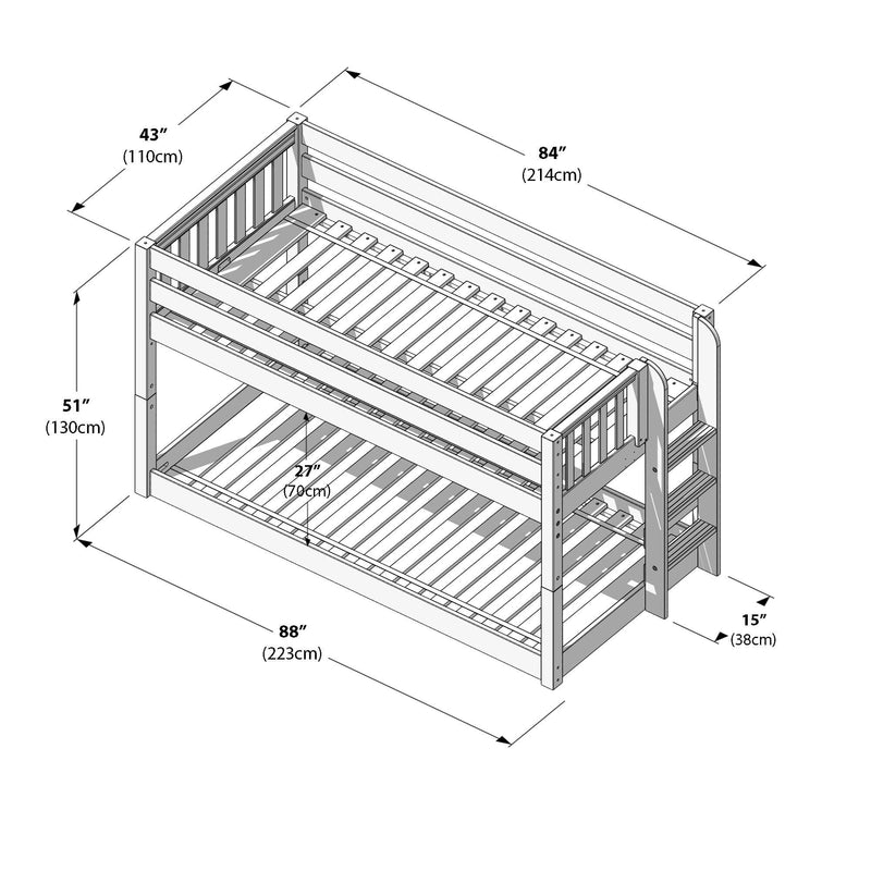 Wooden twin-over-twin bunk bed dimensions diagram showing ladder, guardrails and slatted mattress supports, labeled 88" (223 cm) length, 43" (110 cm) width, 51" (130 cm) height, 84" (214 cm) top rail length and 27" (70 cm) inner clearance.