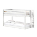 White wooden twin-over-full bunk bed with ladder, guardrail and slatted panels, white bedding — modern space-saving kids loft bed