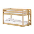 Natural wood twin-over-full bunk bed with integrated ladder, safety guardrail and white bedding for kids' bedrooms