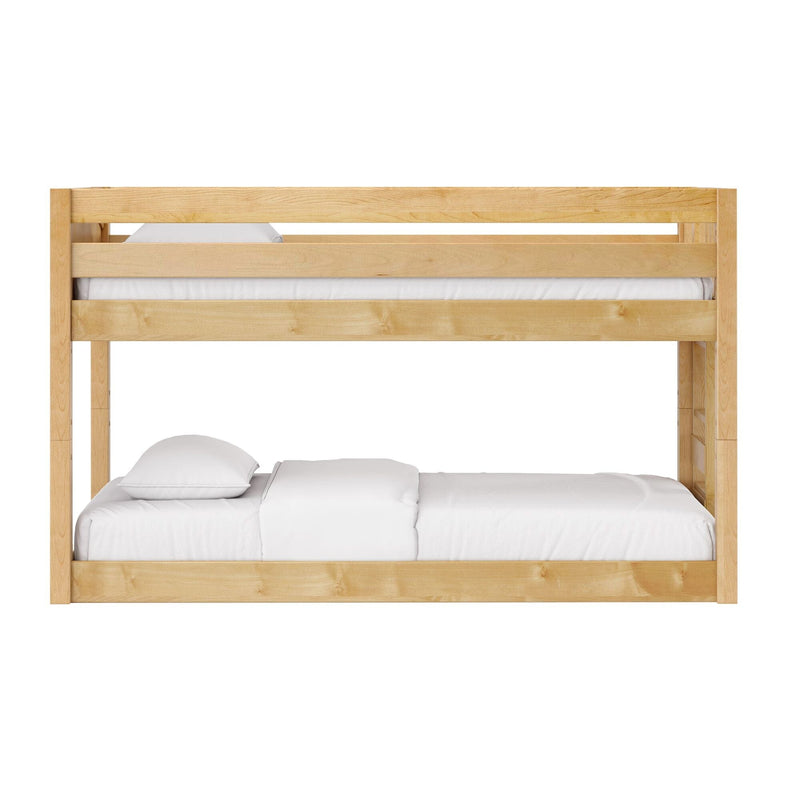 Natural wood bunk bed frame with slatted guardrails and white bedding — solid wood bunk bed, modern bedroom furniture