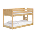 Light natural wood twin-over-full bunk bed with ladder, safety guardrail and white bedding — modern children's loft bed for small bedrooms