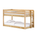 Solid natural wood bunk bed with side ladder and safety rails, light maple finish and white bedding, kids' bedroom furniture
