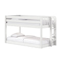 White wooden two-tier bunk bed with ladder and guardrails, white mattress and pillows, modern minimalist kids bedroom furniture
