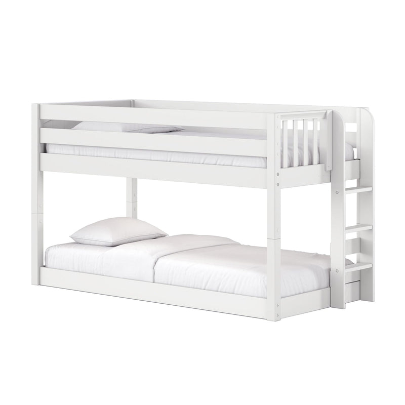 White wooden two-tier bunk bed with ladder and guardrails, white mattress and pillows, modern minimalist kids bedroom furniture