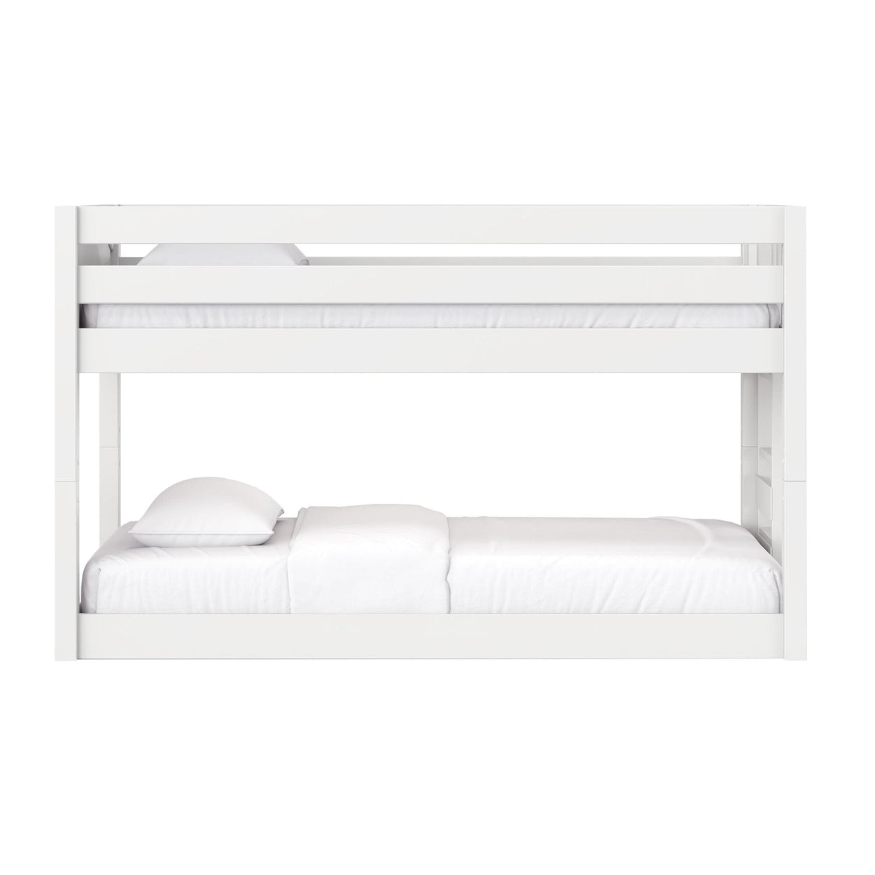 White wooden bunk bed with safety guardrails and white mattresses and pillows, modern loft-style design for kids' bedroom