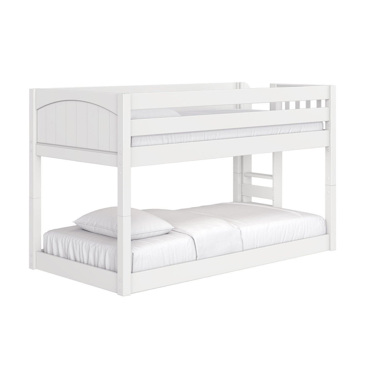 White wooden twin-over-full bunk bed with upper guardrail and ladder, solid wood frame and white bedding — modern space-saving kids' bedroom furniture