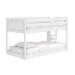 White wooden twin-over-full bunk bed with upper guardrail and ladder, solid wood frame and white bedding — modern space-saving kids' bedroom furniture
