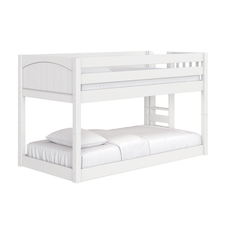 White wooden twin-over-full bunk bed with upper guardrail and ladder, solid wood frame and white bedding — modern space-saving kids' bedroom furniture