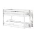 White wooden bunk bed with upper guardrail and side ladder, two white mattresses and pillows — modern space-saving children's bedroom furniture