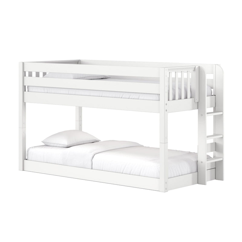 White wooden bunk bed with upper guardrail and side ladder, two white mattresses and pillows — modern space-saving children's bedroom furniture