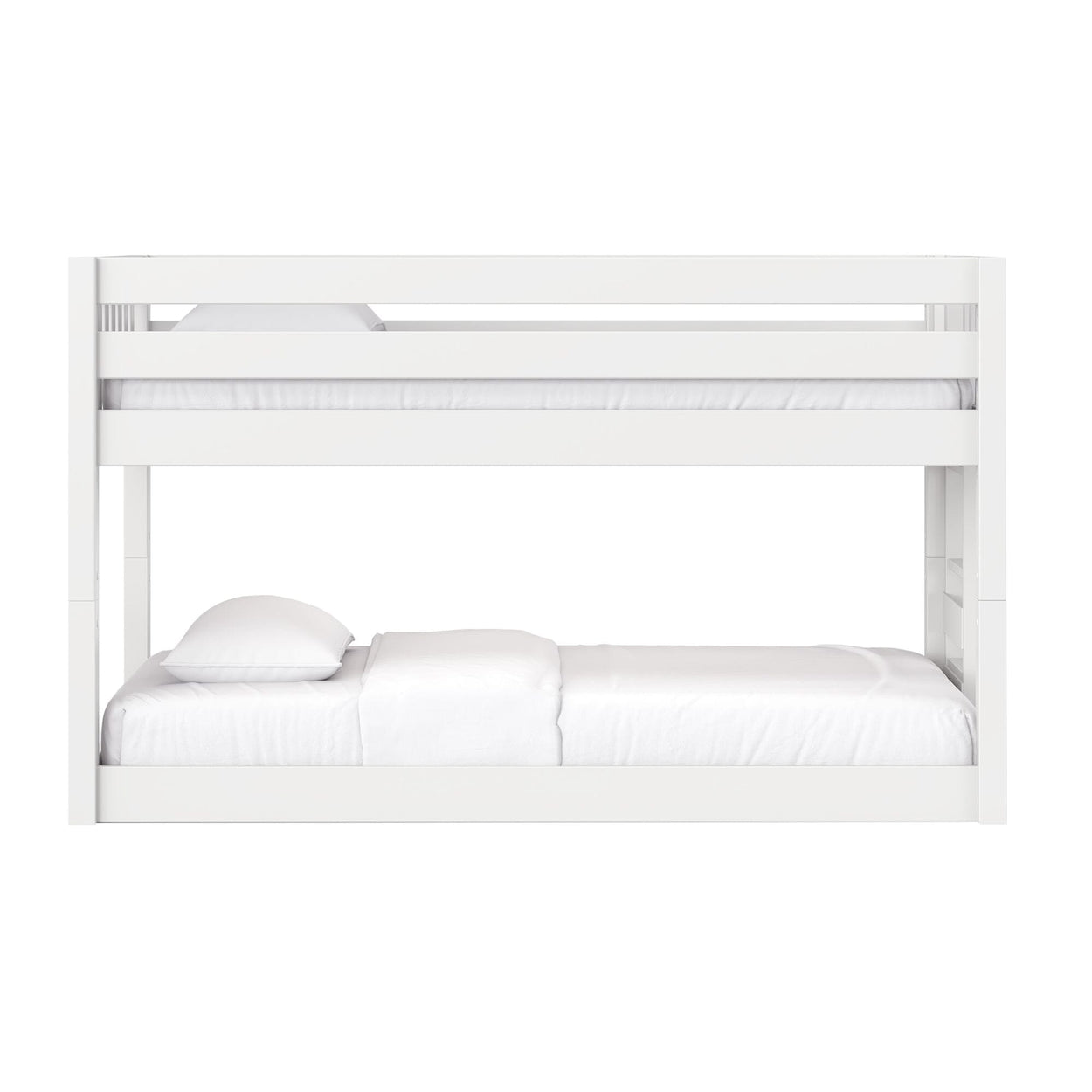White modern wooden bunk bed with upper guardrail and lower mattress, crisp white bedding, minimalist kids bedroom furniture