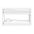 White modern wooden bunk bed with upper guardrail and lower mattress, crisp white bedding, minimalist kids bedroom furniture
